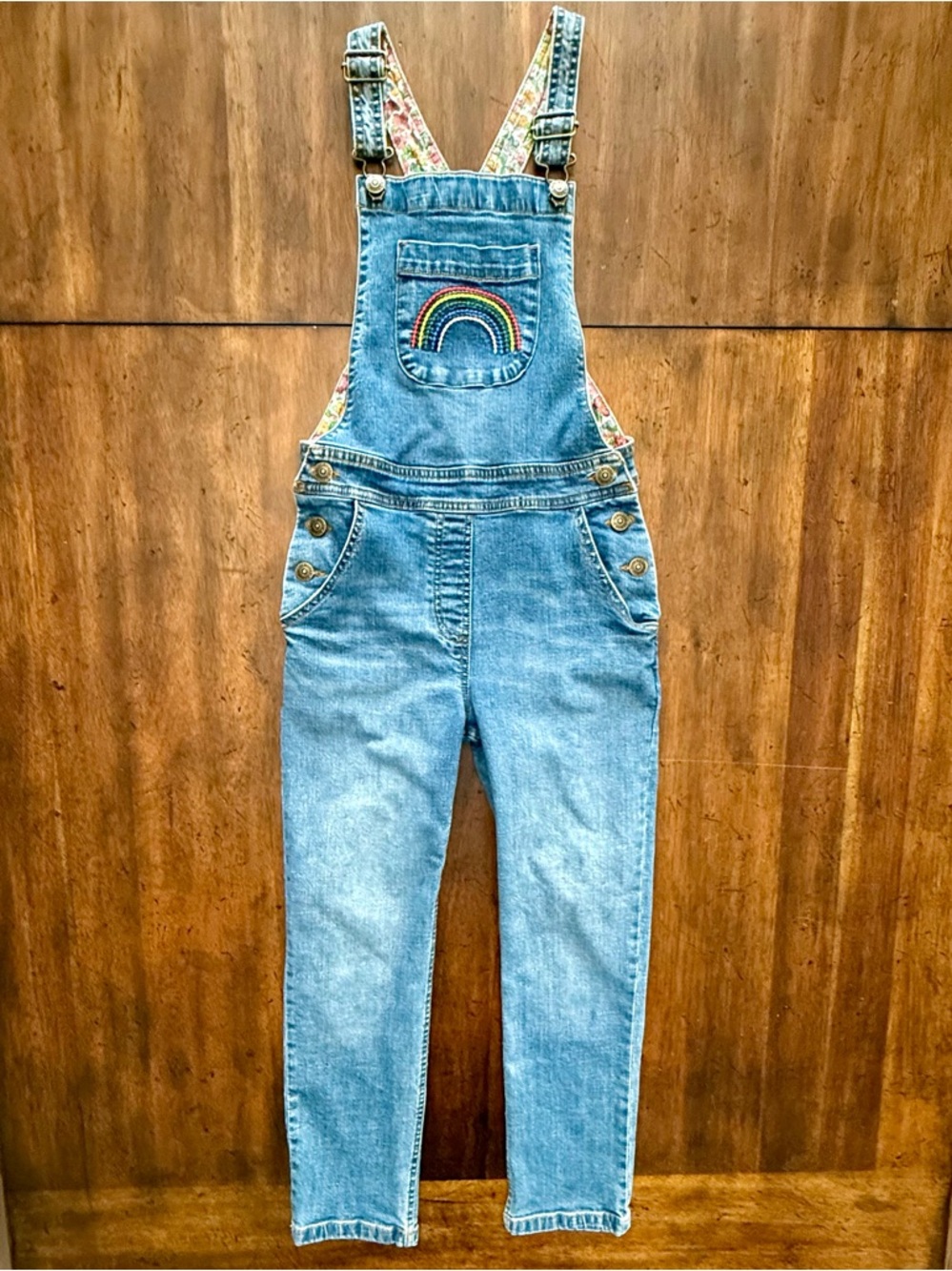Mini Boden Fun Overalls, Light Vintage Denim Rainbow Size 8-9 EUC